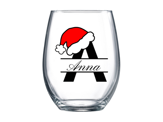 Personalized Santa Hat Alphabet Letter Wine Glass