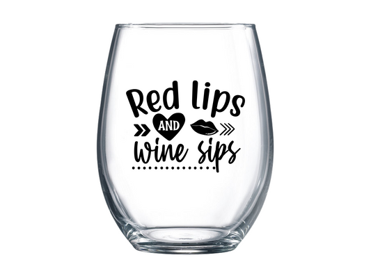 Red Lips and Wine Sips Stemless Wine Glass