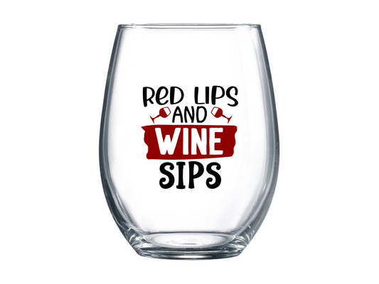 Red Lips and Wine Sips Stemless Wine Glass